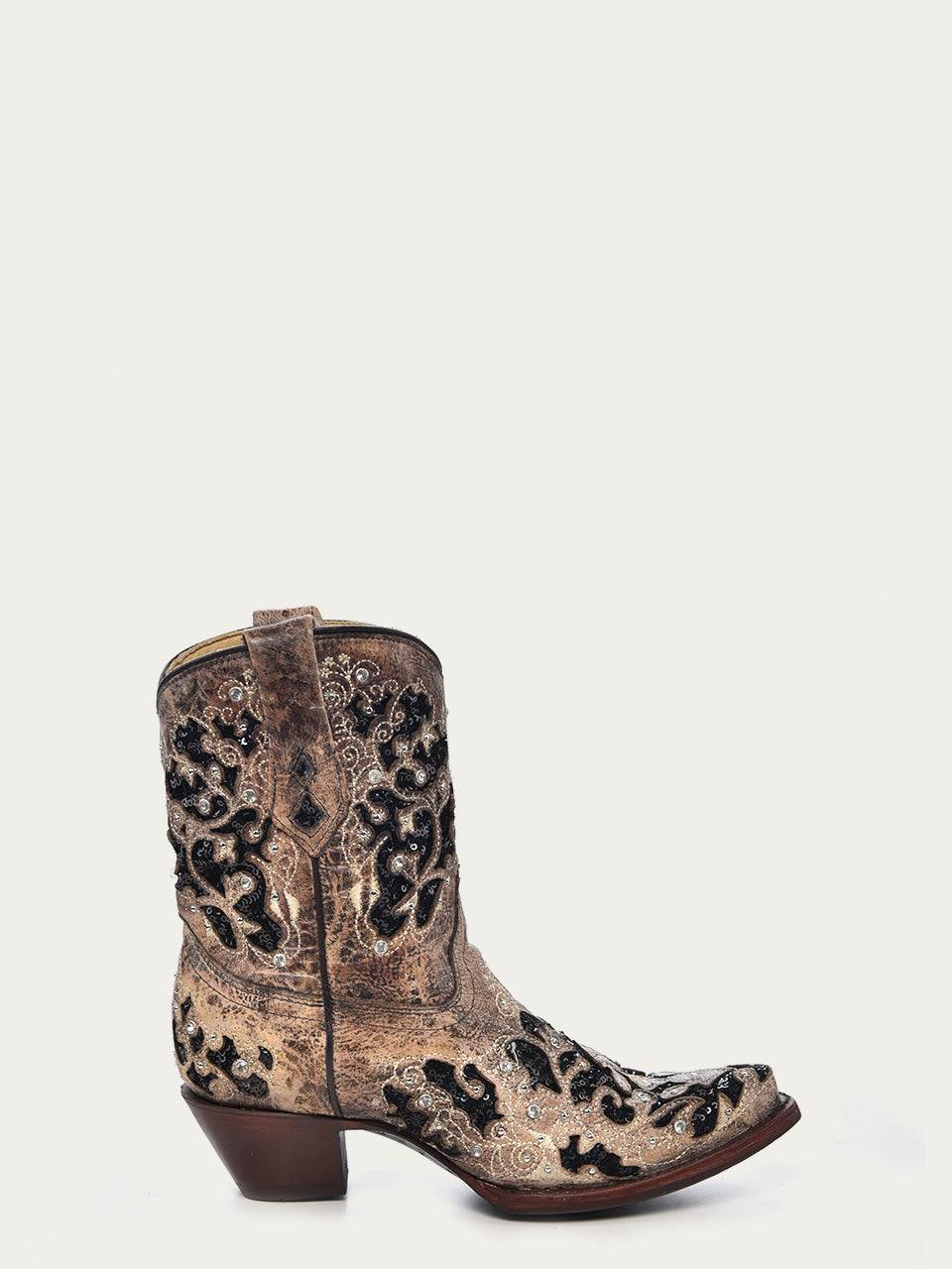 Women's Corral Brown Genuine Leather Boots with Inlay & Embroidery & Studs & Crystals