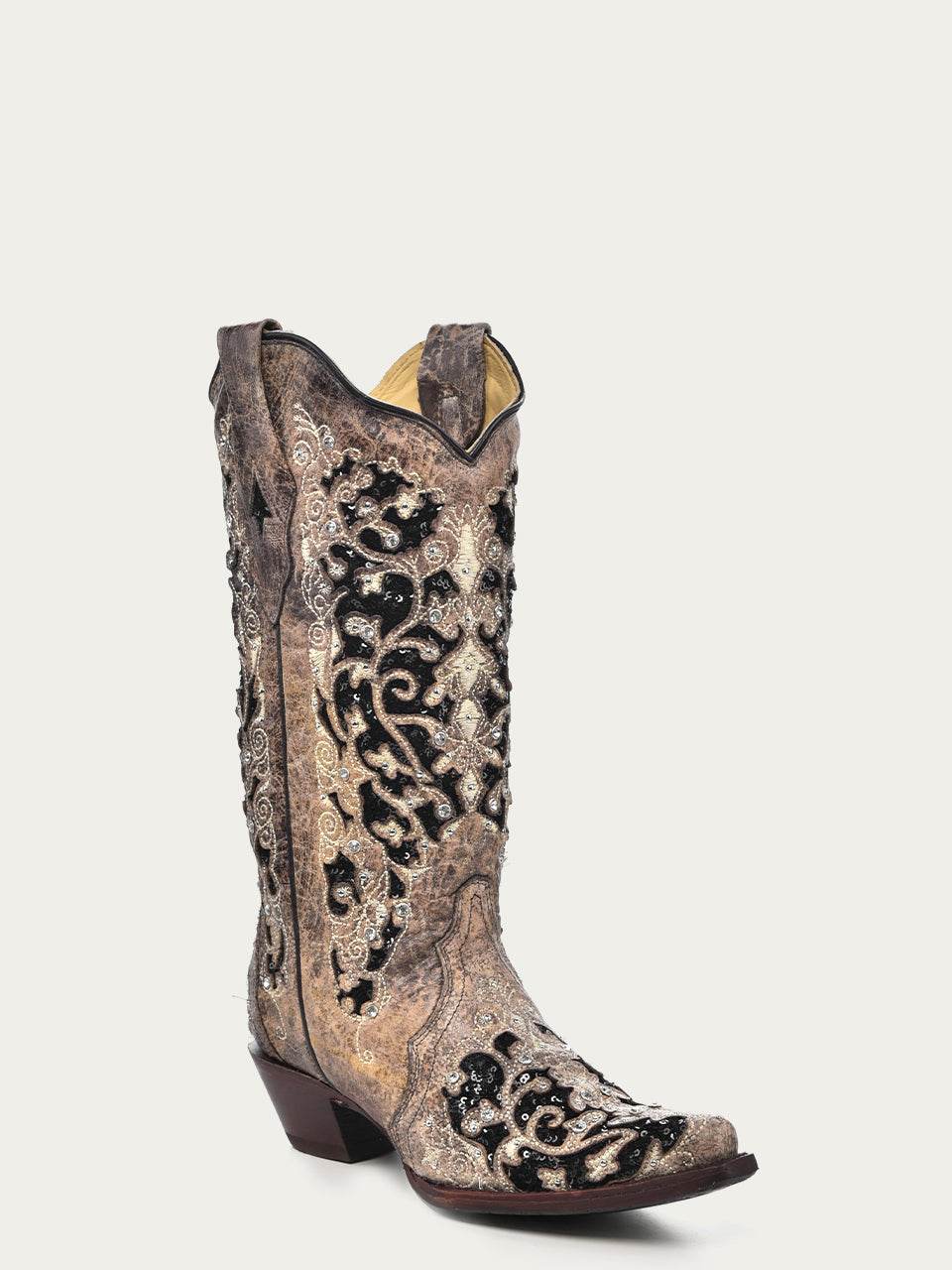 Women's Corral Brown Genuine Leather Boots with Inlay & Flowered Embroidery & Studs & Crystals