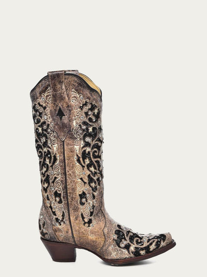 Women's Corral Genuine Leather Boots with Inlay & Flowered Embroidery & Studs & Crystals