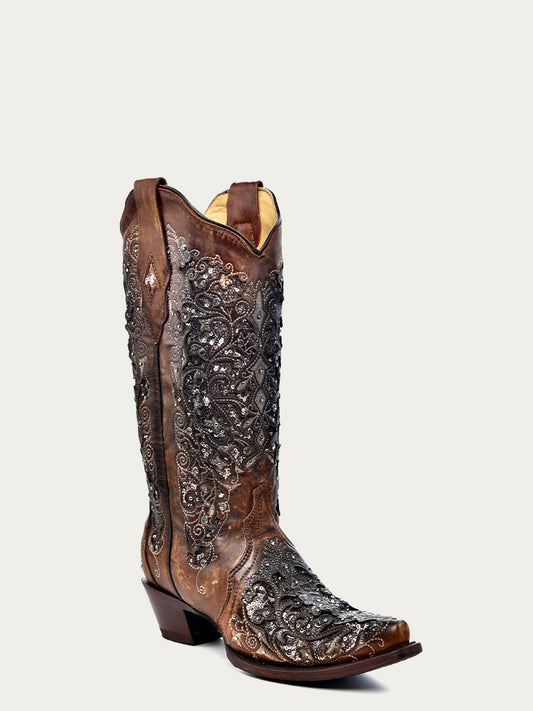 Women's Corral Cognac Genuine Leather Boots with Inlay & Flowered Embroidery & Studs & Crystals