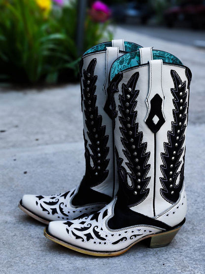 Women's Corral White Genuine Leather Boots with Black Embroidery & Overlay & Studs
