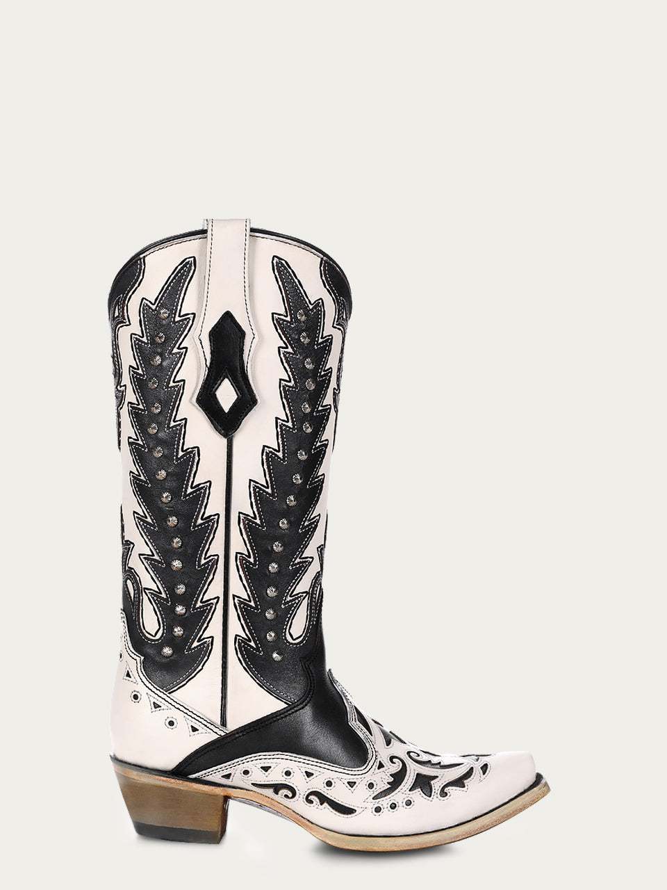 Women's Corral White Genuine Leather Boots with Black Embroidery & Overlay & Studs