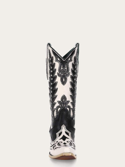 Women's Corral White Genuine Leather Boots with Black Embroidery & Overlay & Studs