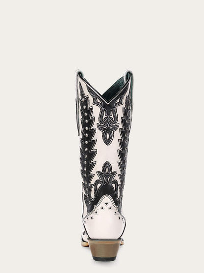 Women's Corral White Genuine Leather Boots with Black Embroidery & Overlay & Studs