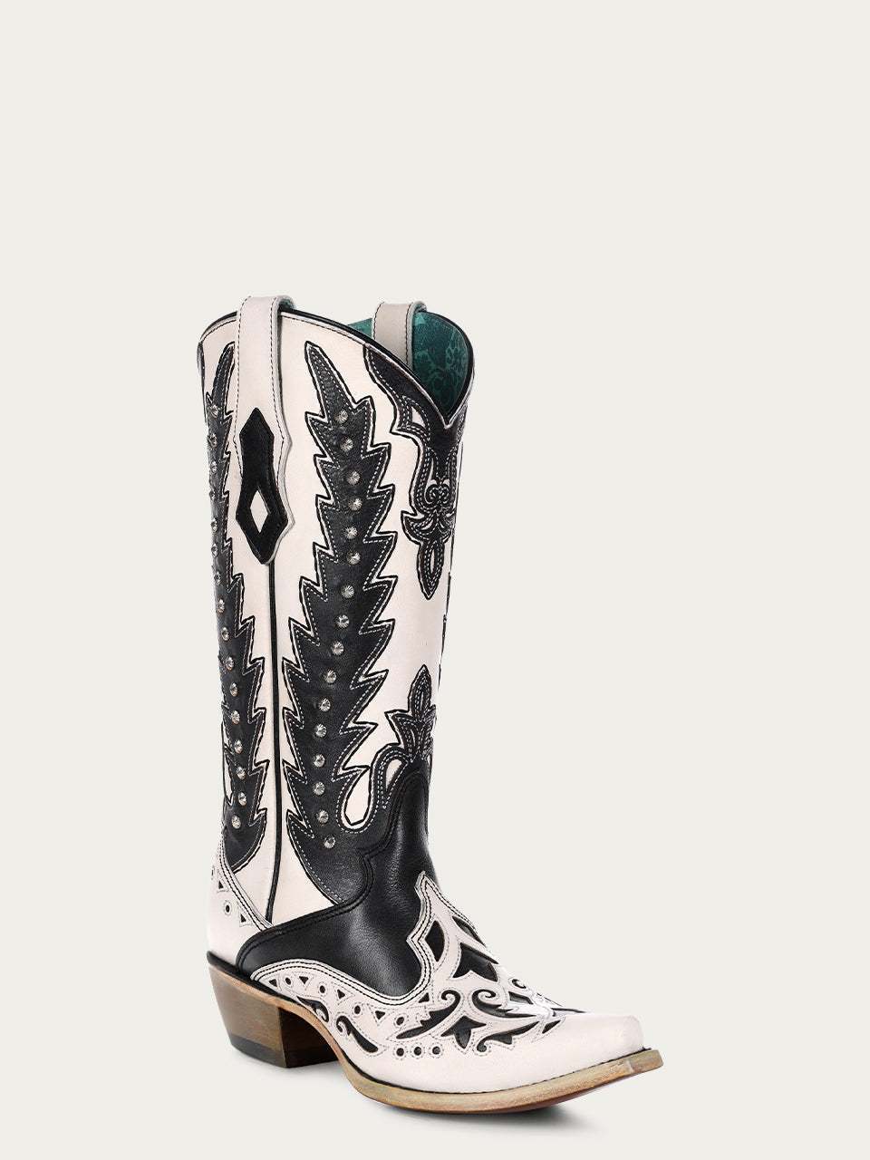 Women's Corral White Genuine Leather Boots with Black Embroidery & Overlay & Studs