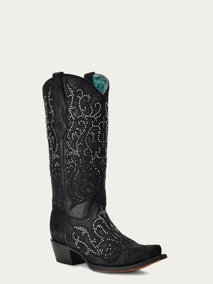 Women's Corral Black Genuine Leather Boots with Embroidery & Crystals