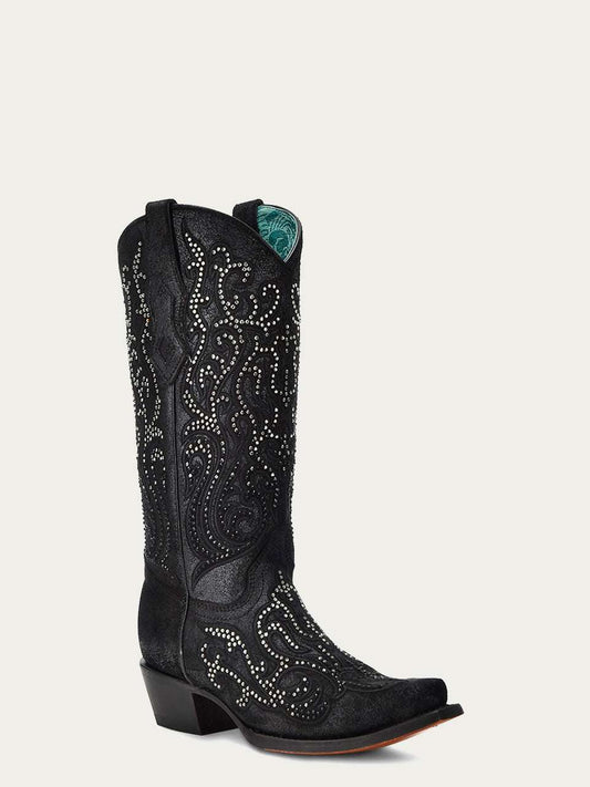 Women's Corral Black Genuine Leather Boots with Embroidery & Crystals