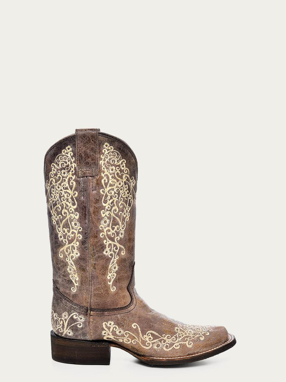 Women's Corral Brown Genuine Leather Boots with Embroidery