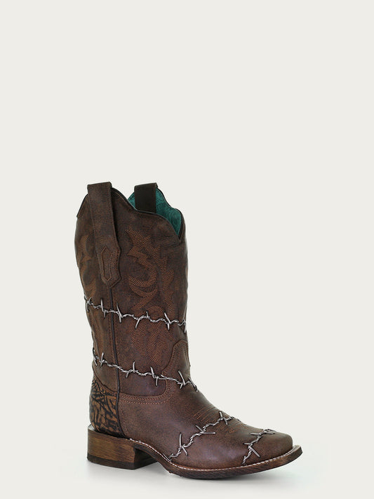 Women's Corral Brown Genuine Leather Boots with Barbed Wire Woven Rodeo Collection