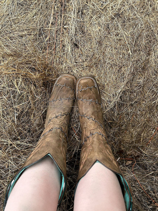 Women's Corral Brown Genuine Leather Boots with Barbed Wire Woven Rodeo Collection
