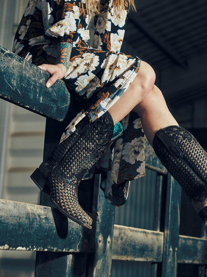 Women's Corral Chocolate Genuine Leather Boots with Glitter Woven & Overla