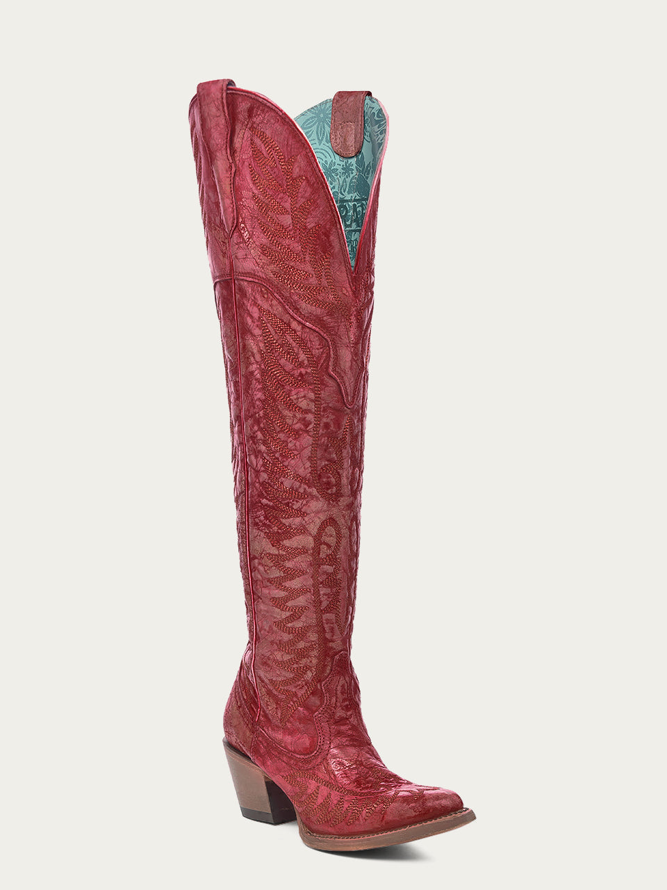 Women's Corral Red Boots with Distressed Embroidery & Tall Top