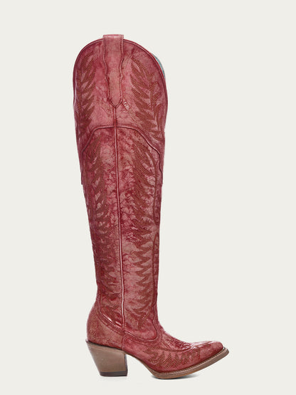 Women's Corral Red Boots with Distressed Embroidery & Tall Top
