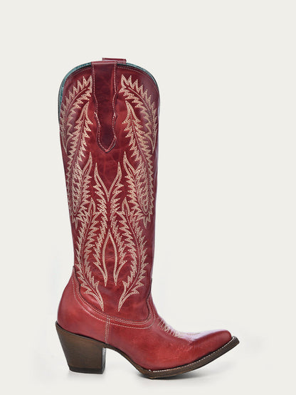 Women's Corral Red Genuine Leather Boots with Embroidery Tall Top