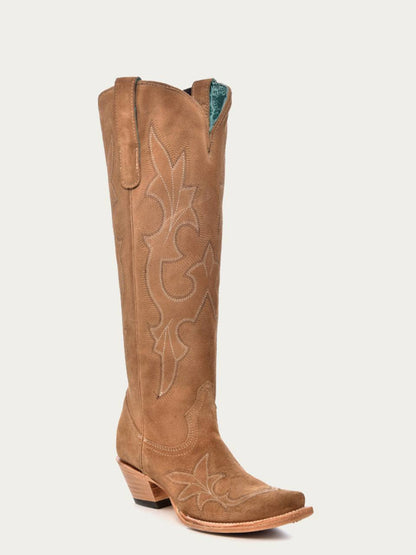 Women's Corral Sand Genuine Suede Leather Boots with Embroidery Tall Top