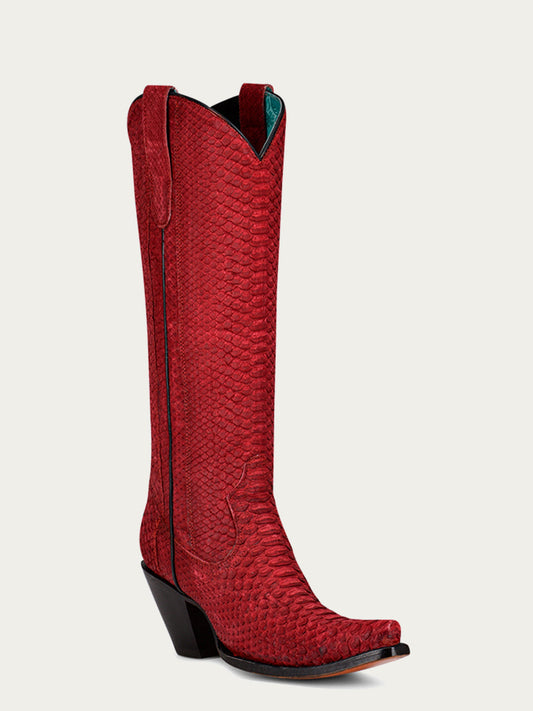 Women's Corral Red Genuine Python Boots with Tall Top Full Exotic
