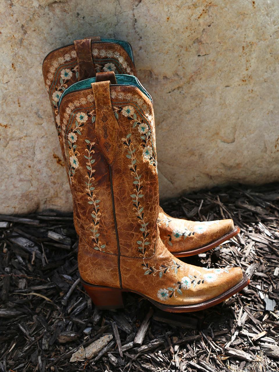Women's Corral Cognac Genuine Leather Boots with Flowered Embroidery Glow Collection