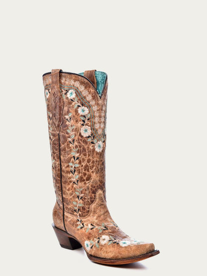 Women's Corral Cognac Genuine Leather Boots with Flowered Embroidery Glow Collection