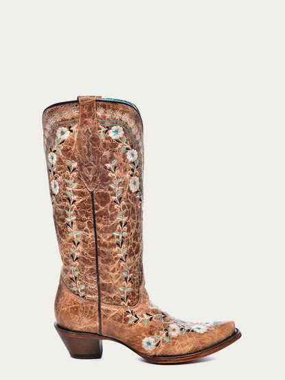 Women's Corral Cognac Genuine Leather Boots with Flowered Embroidery Glow Collection
