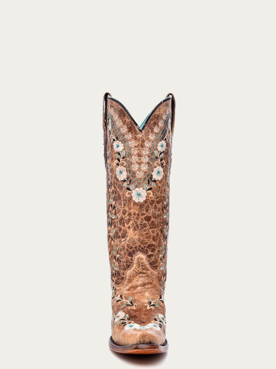 Women's Corral Cognac Genuine Leather Boots with Flowered Embroidery Glow Collection