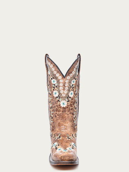 Women's Corral Cognac Genuine Leather Boots with Distressed Floral Embroidery Glow in The Dark