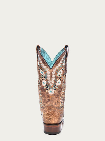 Women's Corral Cognac Genuine Leather Boots with Distressed Floral Embroidery Glow in The Dark