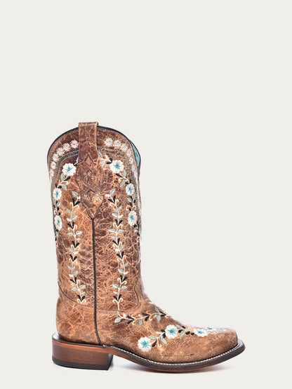Women's Corral Cognac Genuine Leather Boots with Distressed Floral Embroidery Glow in The Dark