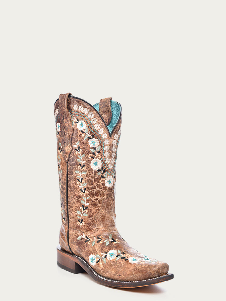 Women's Corral Cognac Genuine Leather Boots with Distressed Floral Embroidery Glow in The Dark
