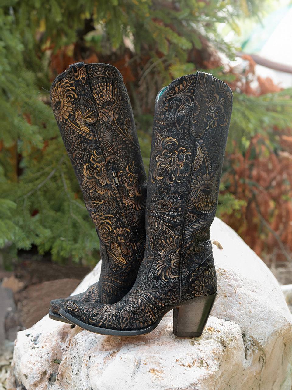 Women's Corral Black Genuine Suede Leather Boots with Gold Stamped Floral Suede
