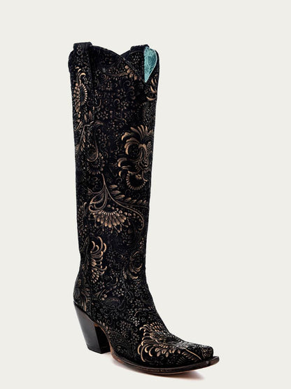 Women's Corral Black Genuine Suede Leather Boots with Gold Stamped Floral Suede