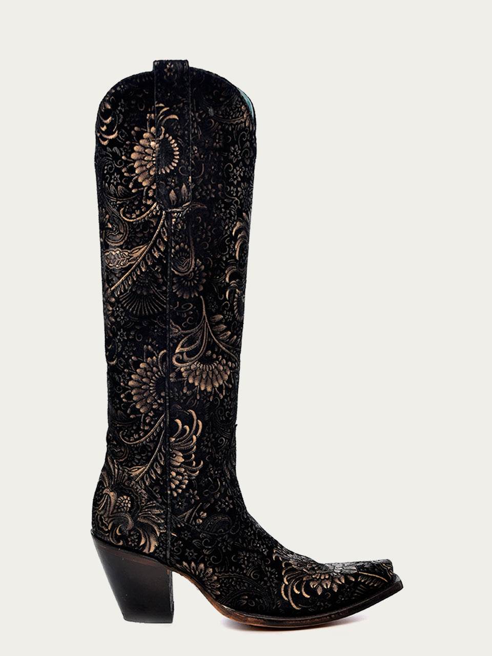 Women's Corral Black Genuine Suede Leather Boots with Gold Stamped Floral Suede