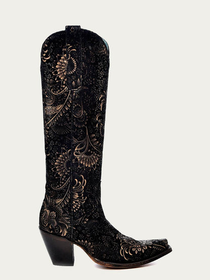 Women's Corral Black Genuine Suede Leather Boots with Gold Stamped Floral Suede