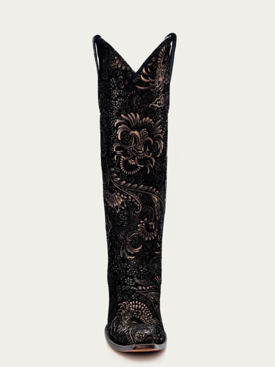 Women's Corral Black Genuine Suede Leather Boots with Gold Stamped Floral Suede