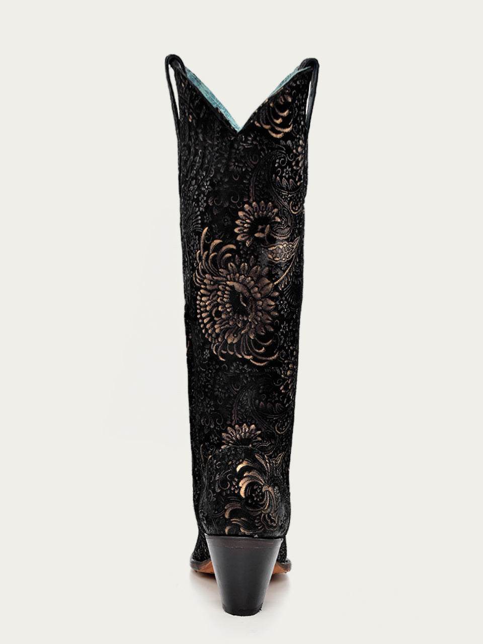Women's Corral Black Genuine Suede Leather Boots with Gold Stamped Floral Suede