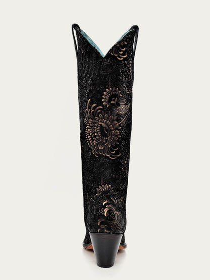 Women's Corral Black Genuine Suede Leather Boots with Gold Stamped Floral Suede