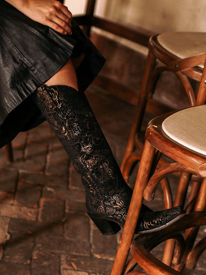 Women's Corral Black Genuine Suede Leather Boots with Gold Stamped Floral Suede