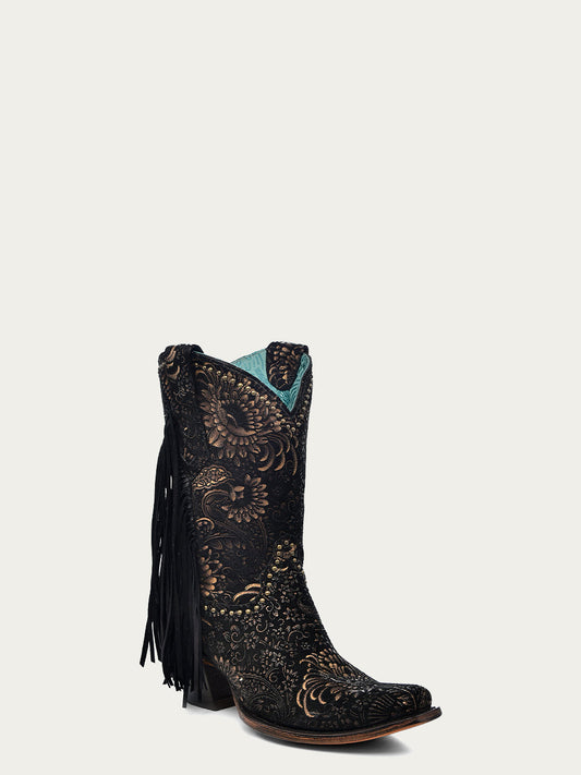 Women's Corral Black Genuine Leather Boots with Gold Stamped Floral Suede Studs & Fringes Ankle Boot Narro