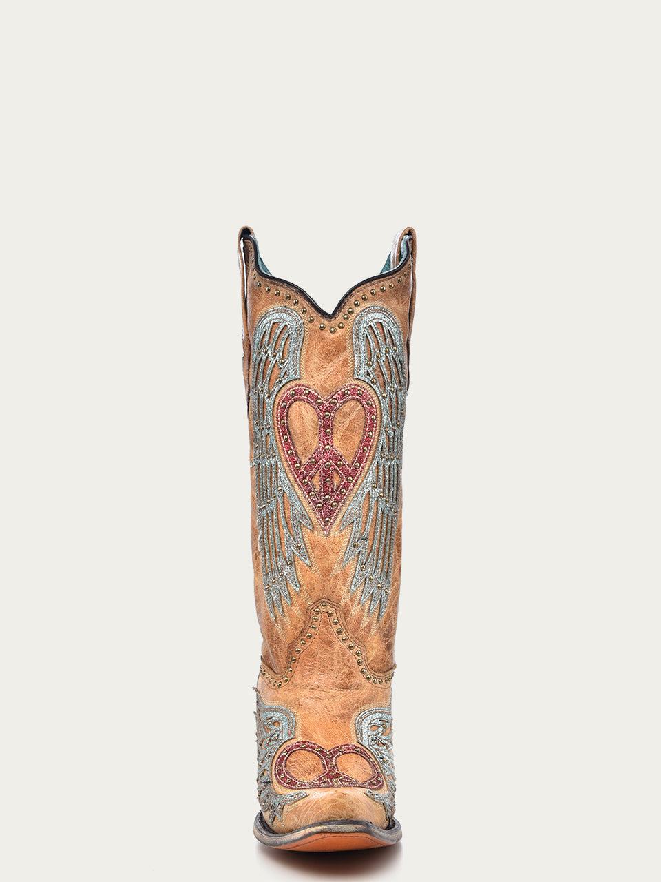 Women's Corral Sand Genuine Leather Boots with Heart & Wings Overlay & Embroidery & Studs