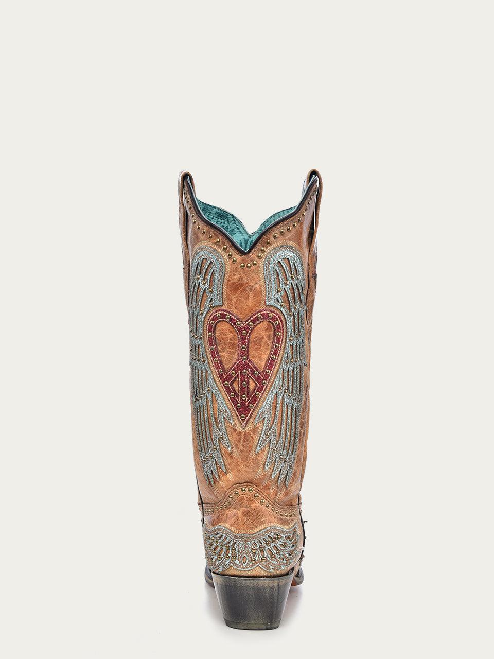 Women's Corral Sand Genuine Leather Boots with Heart & Wings Overlay & Embroidery & Studs