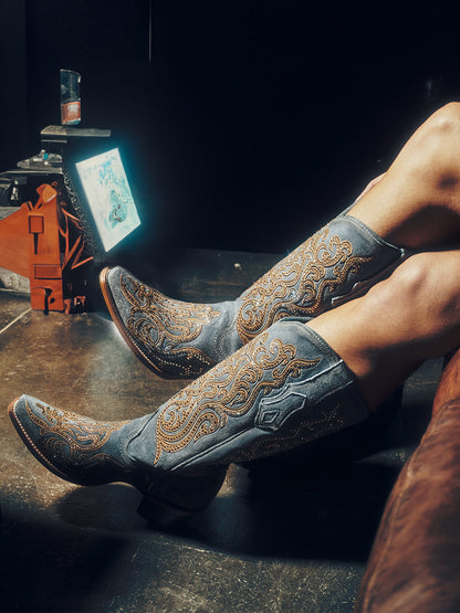 Women's Corral Blue Genuine Leather Boots with Overlay & Embroidery & Crystals