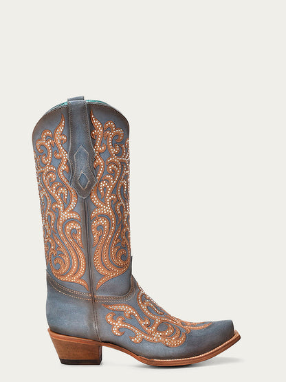 Women's Corral Blue Genuine Leather Boots with Overlay & Embroidery & Crystals