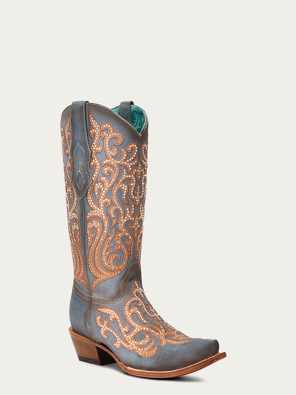 Women's Corral Blue Genuine Leather Boots with Overlay & Embroidery & Crystals
