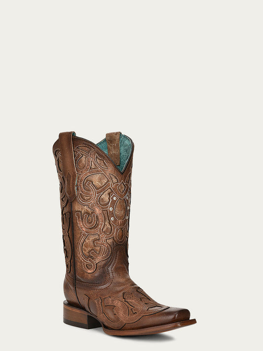 Women's Corral Brown Genuine Leather Boots with Horseshoe Overlay & Embroidery & Crystals