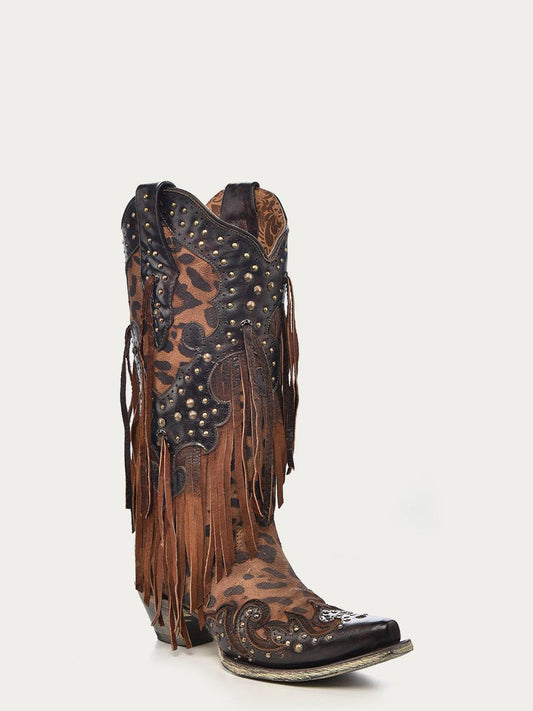 Women's Corral Honey Genuine Leather Boots with Goat Overlay & Studs & Fringes