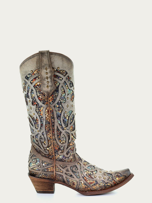 Women's Corral Taupe Genuine Leather Boots with Inlay & Studs