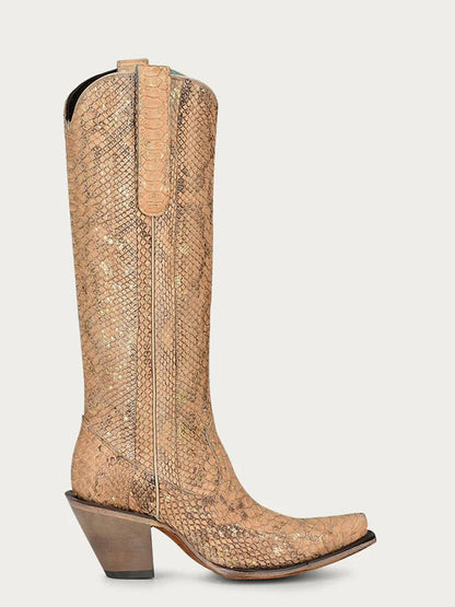Women's Corral Nude Genuine Python Boots with Full Tall Top