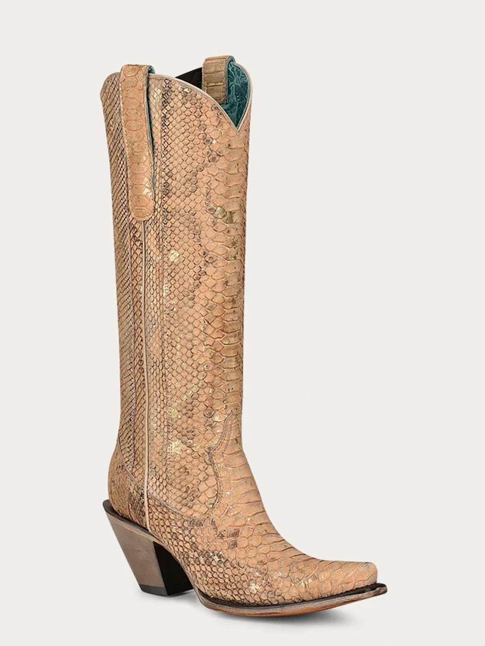 Women's Corral Nude Genuine Python Boots with Full Tall Top