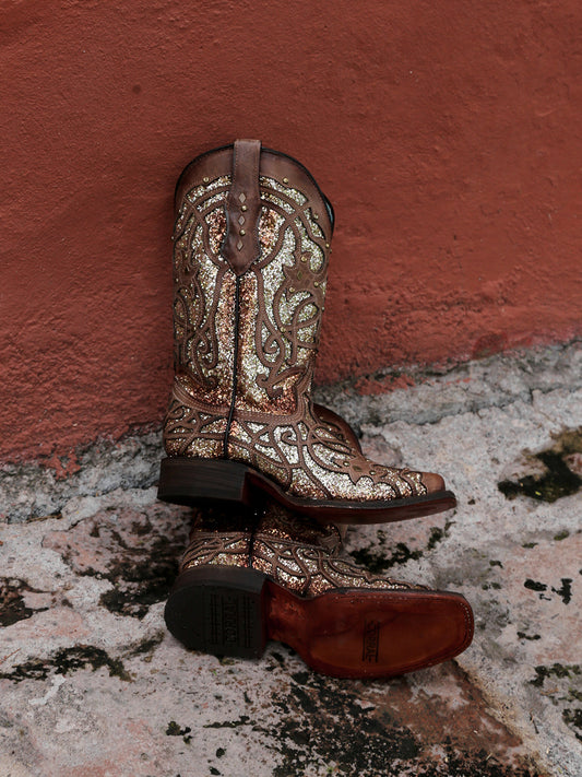 Women's Corral Brown Genuine Orix Boots with Glittered Inlay & Studs