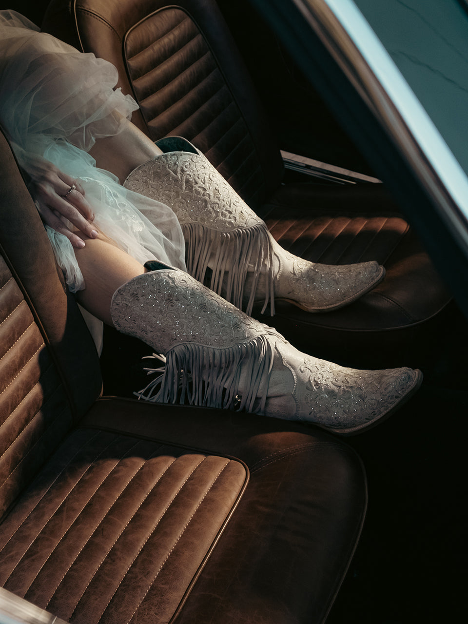 Women's Corral White Genuine Lamb Leather Boots with Overlay & Embroidery & Fringes