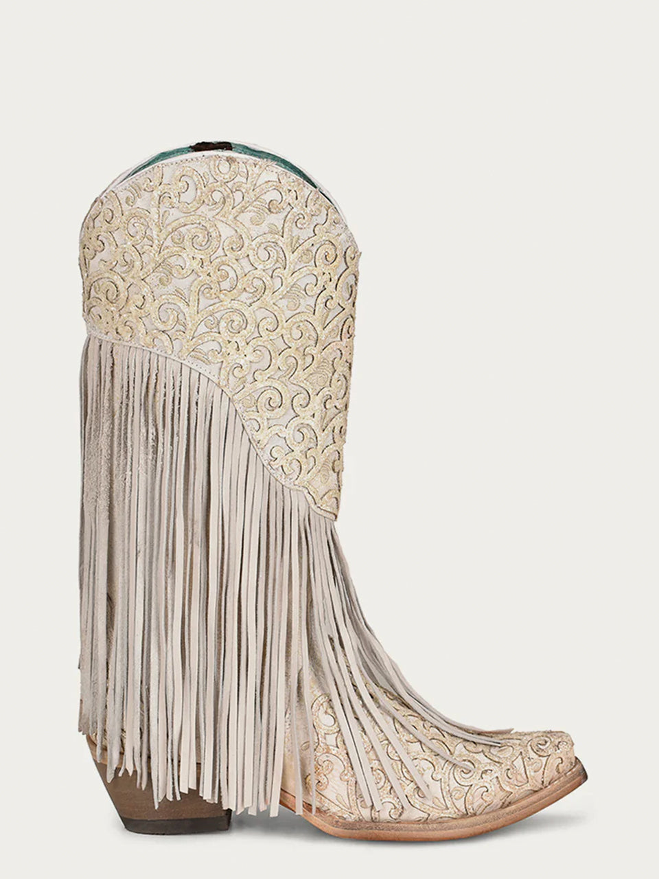 Women's Corral White Genuine Lamb Leather Boots with Overlay & Embroidery & Fringes